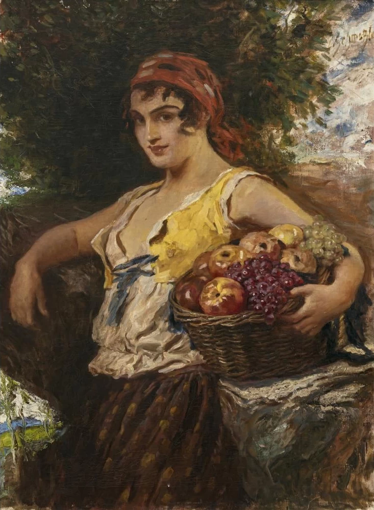 Giovane donna con cesto di frutta
